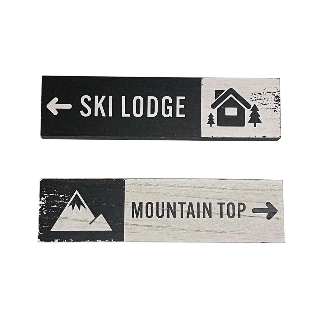 Ski Lodge Mountain Top Wood Block Signs Rustic Cabin Decor Set of 2